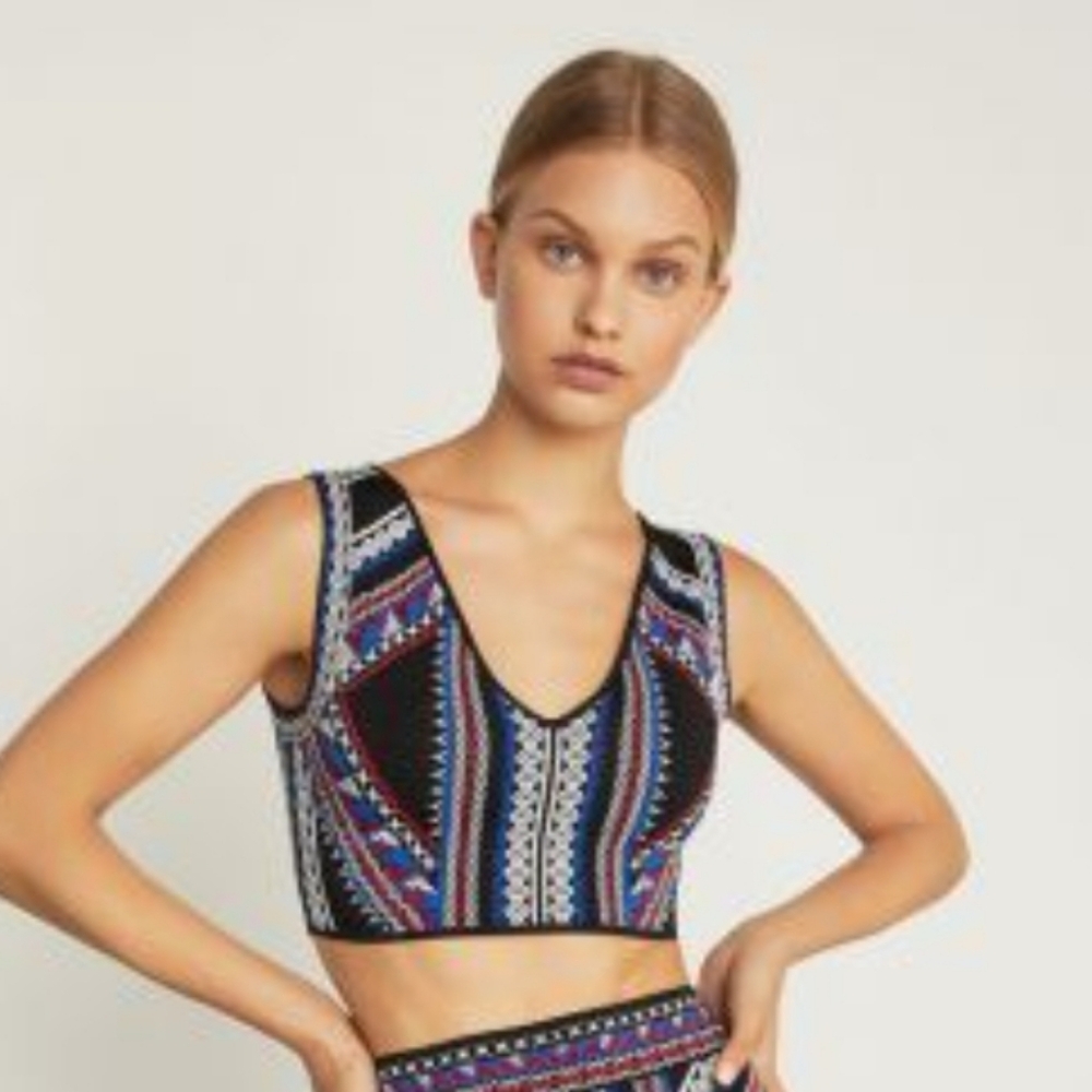 BCBGMaxAzria Black Multi-Stripe Crochet-Inspired Crop Top